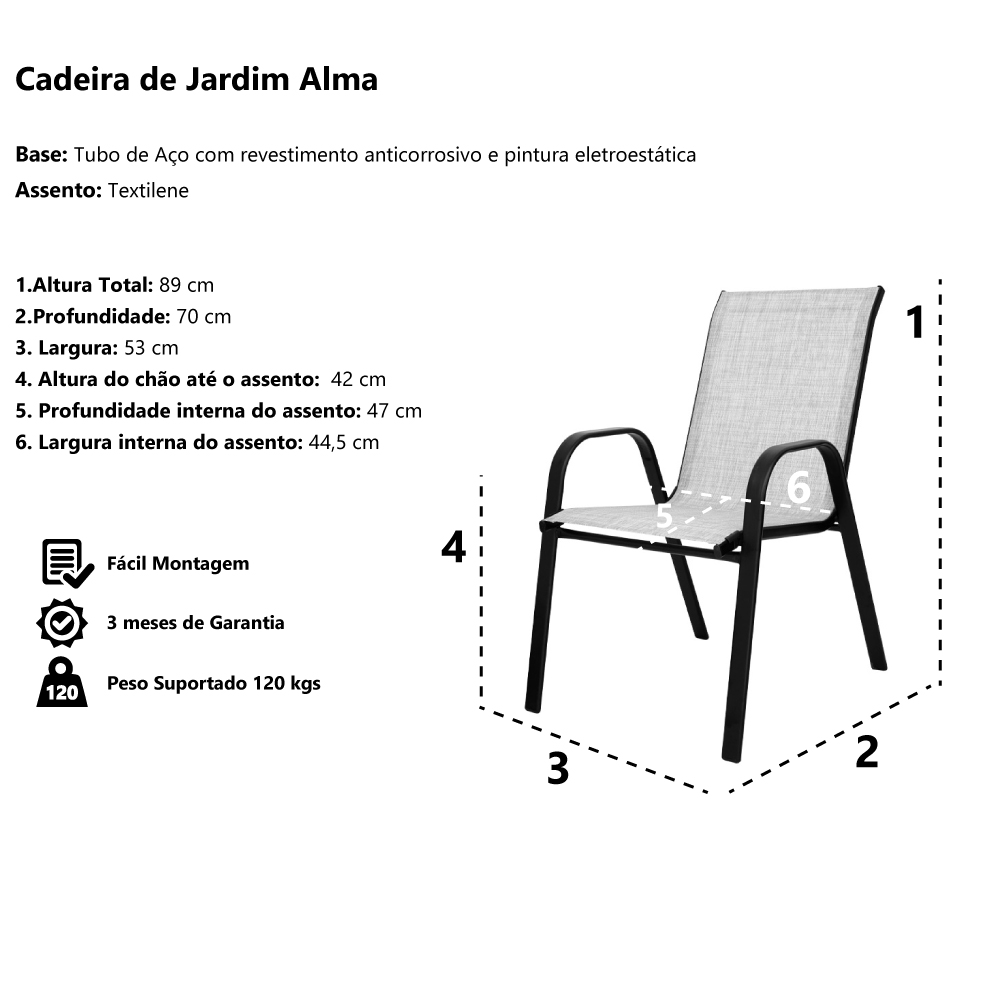 Cadeira de jardim Alma em Aço na cor Cinza com Assento Textilene - Waw Design