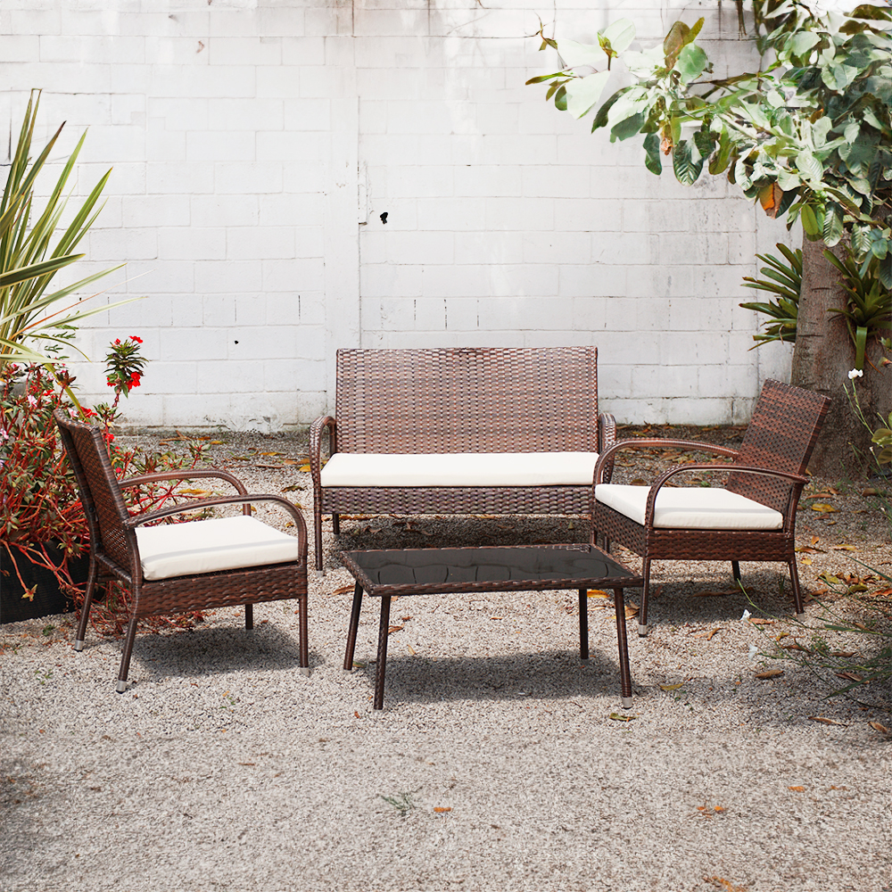 Conjunto Sofá + 2 Poltronas Rattan Assento Estofado + Mesa com Tampo de Vidro Para Área Externa