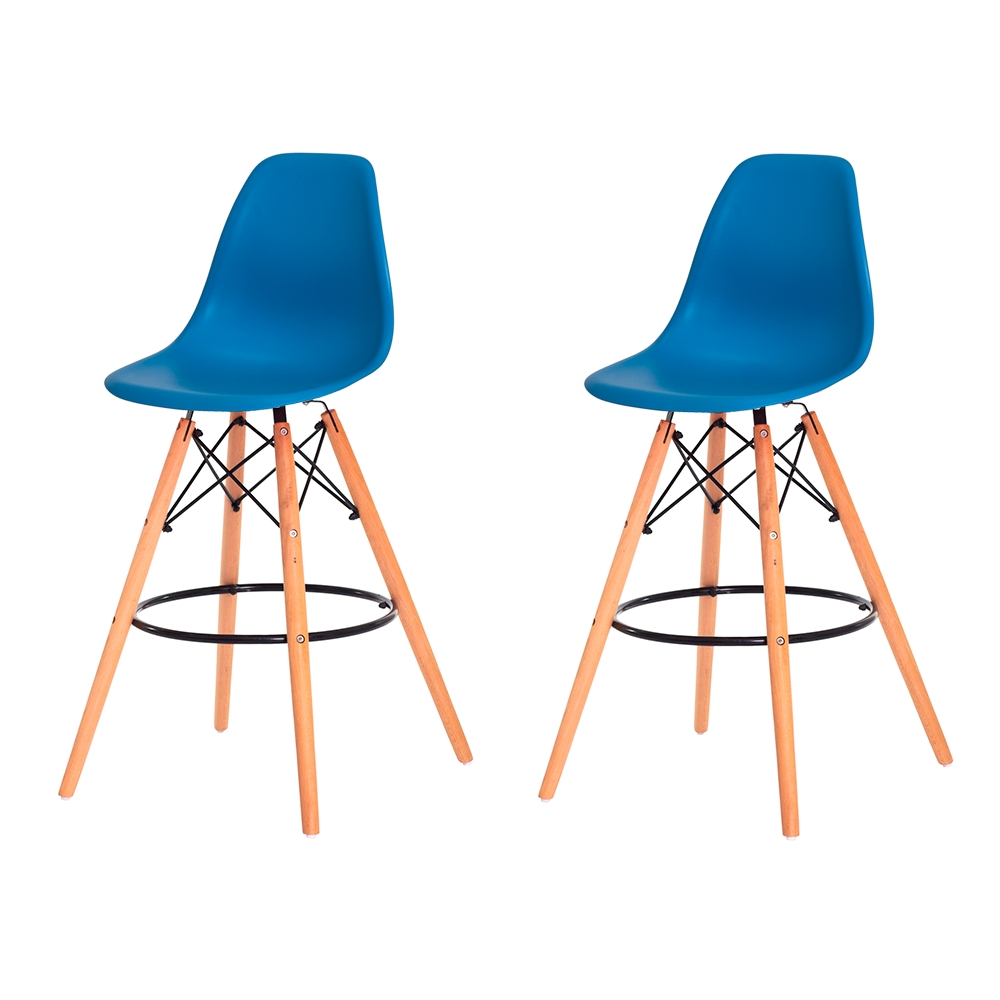 Kit 2 Banquetas Alta Eiffel Eames Azul Base Madeira Cozinha Bar Bistrô Bancada