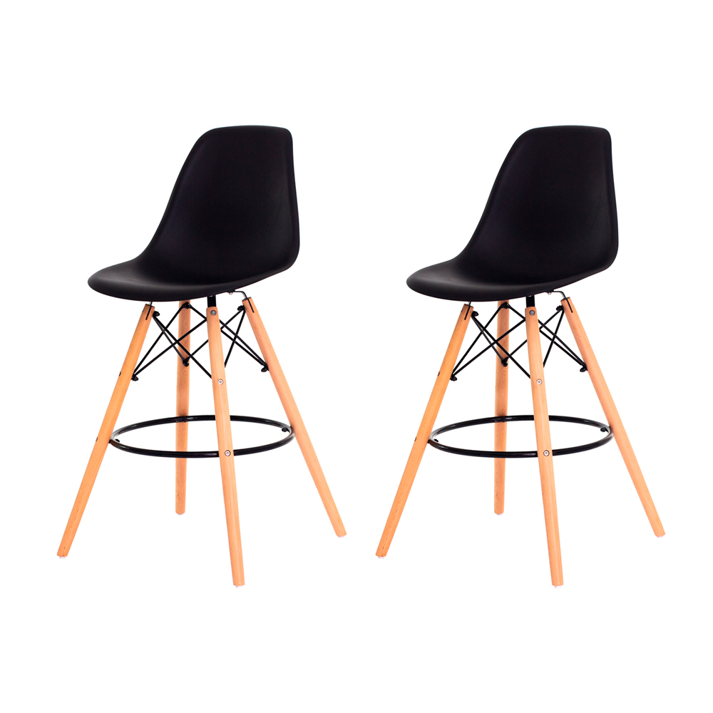 Kit 2 Banquetas Alta Eiffel Eames Preta Base MADEIRA Cozinha Bar Bistrô Bancada