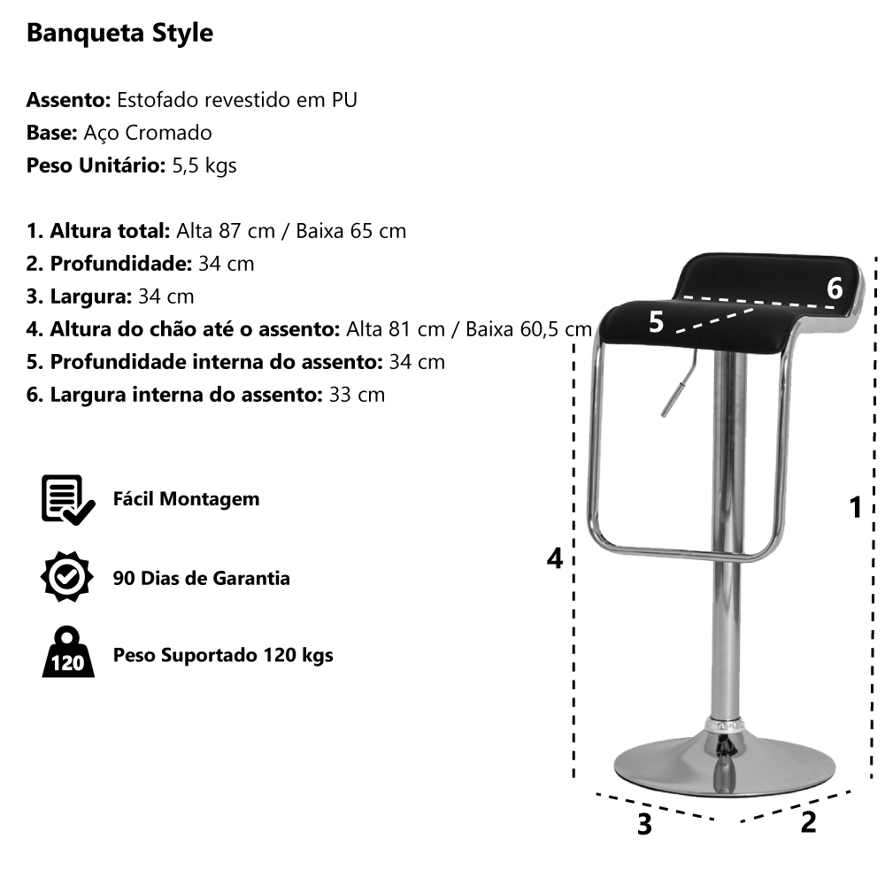Kit 2 Banquetas Style Preta Base Giratória Cromada Altura Regulável Cozinha Bar Bancada