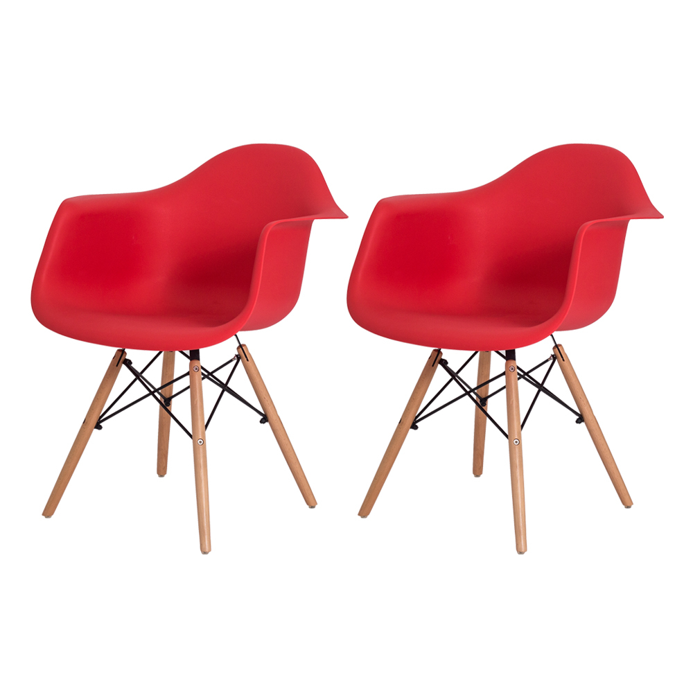 Kit 2 Cadeiras Eiffel Eames DAW c/Braço Vermelha Base Madeira Sala Cozinha Jantar