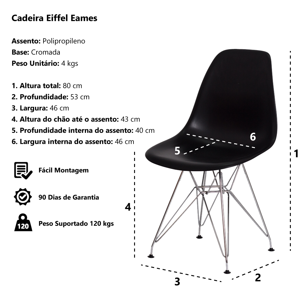 Kit 2 Cadeiras Eiffel Eames Preta Base Cromada Sala Cozinha Jantar