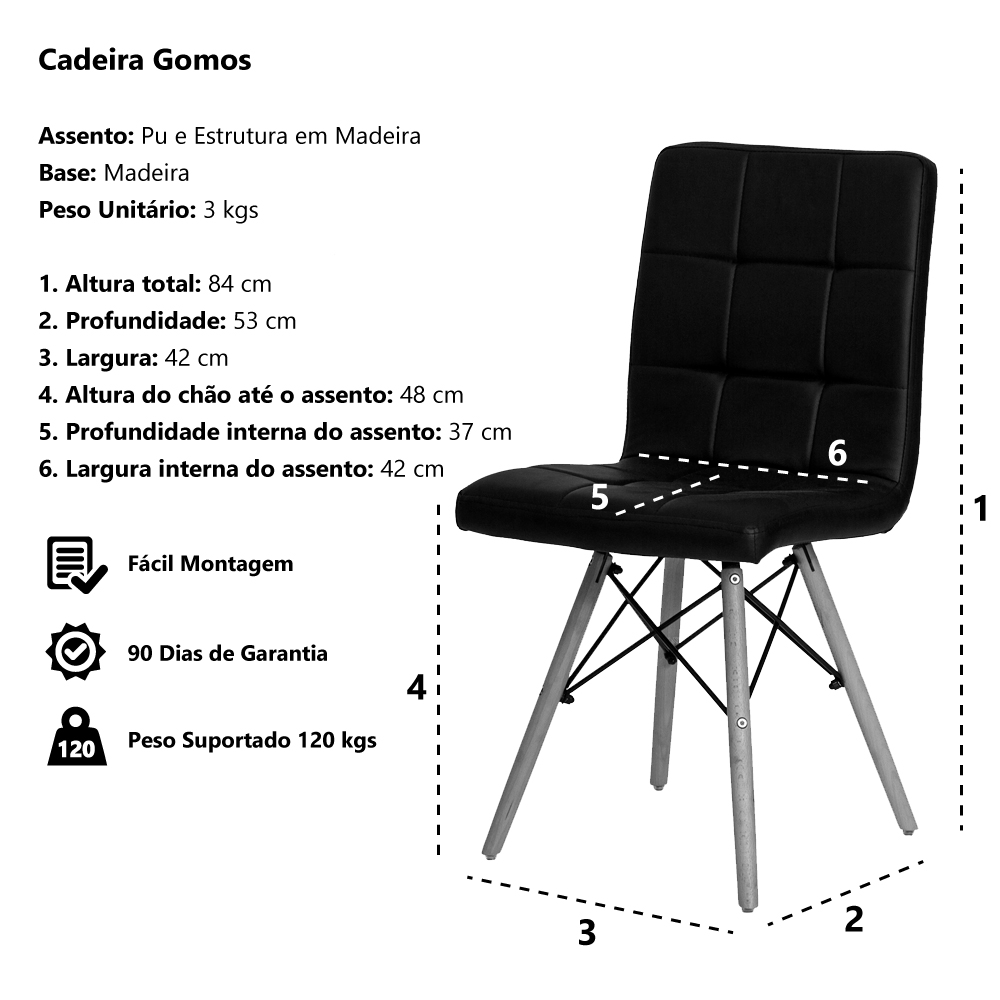 Kit 2 Cadeiras Gomos Preta Base MADEIRA Sala Jantar Cozinha