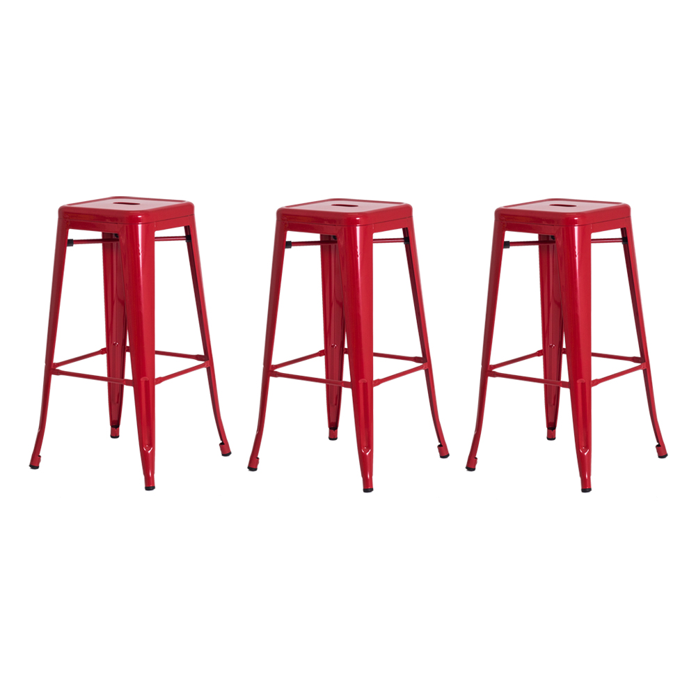 Kit 3 Banquetas Tolix Iron Design Industrial Vermelha 76 cm Aço Cozinha Bar Bistrô Bancada