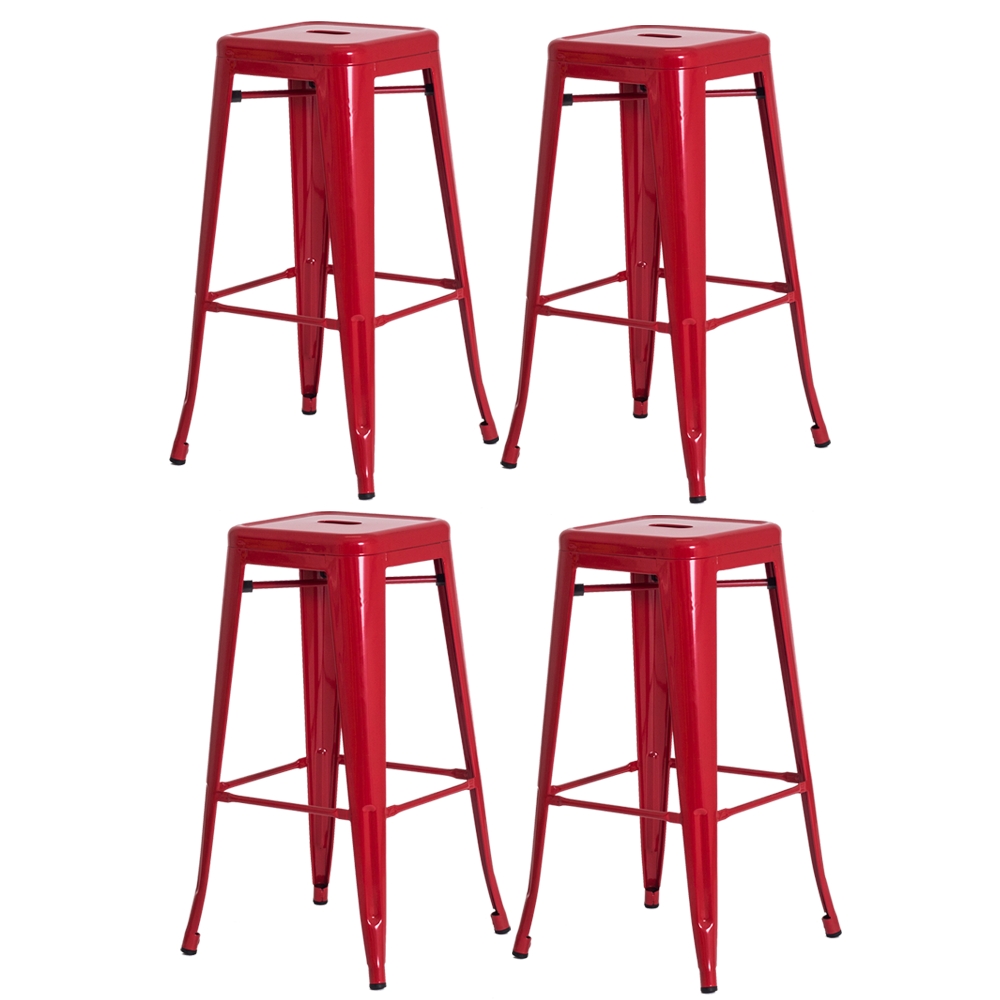 Kit 4 Banquetas Tolix Iron Design Industrial Vermelha 76 cm Aço Cozinha Bar Bistrô Bancada