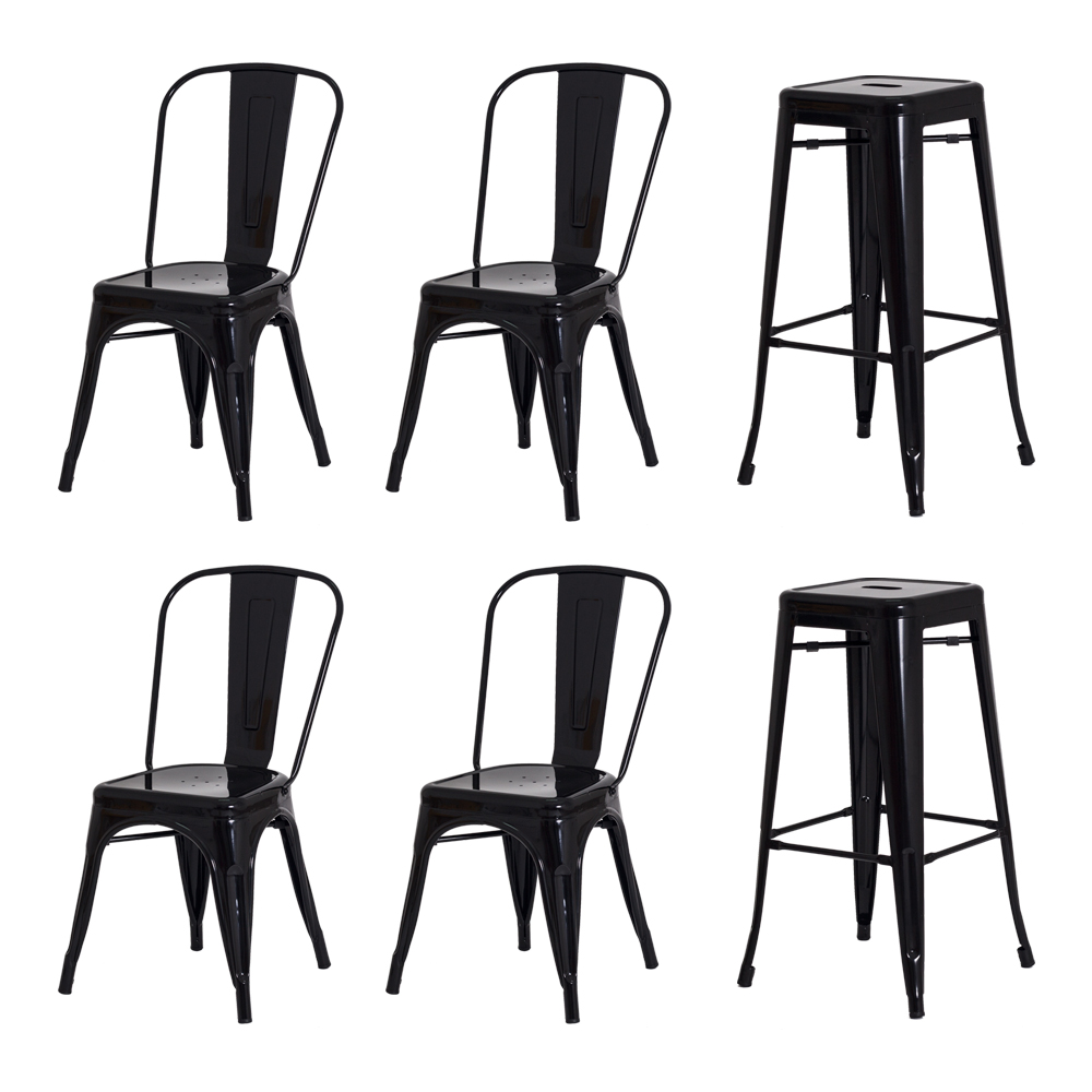 Kit 4 Cadeiras + 2 Banquetas Tolix Iron Design Preta Aço Industrial Sala Cozinha Jantar Bar Bistrô