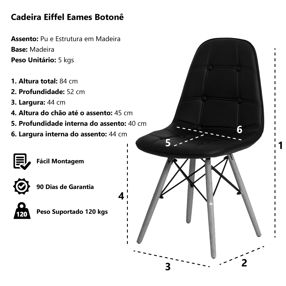 Kit 4 Cadeiras Eiffel Botonê Eames DSW Branca Base Madeira Sala Jantar Cozinha