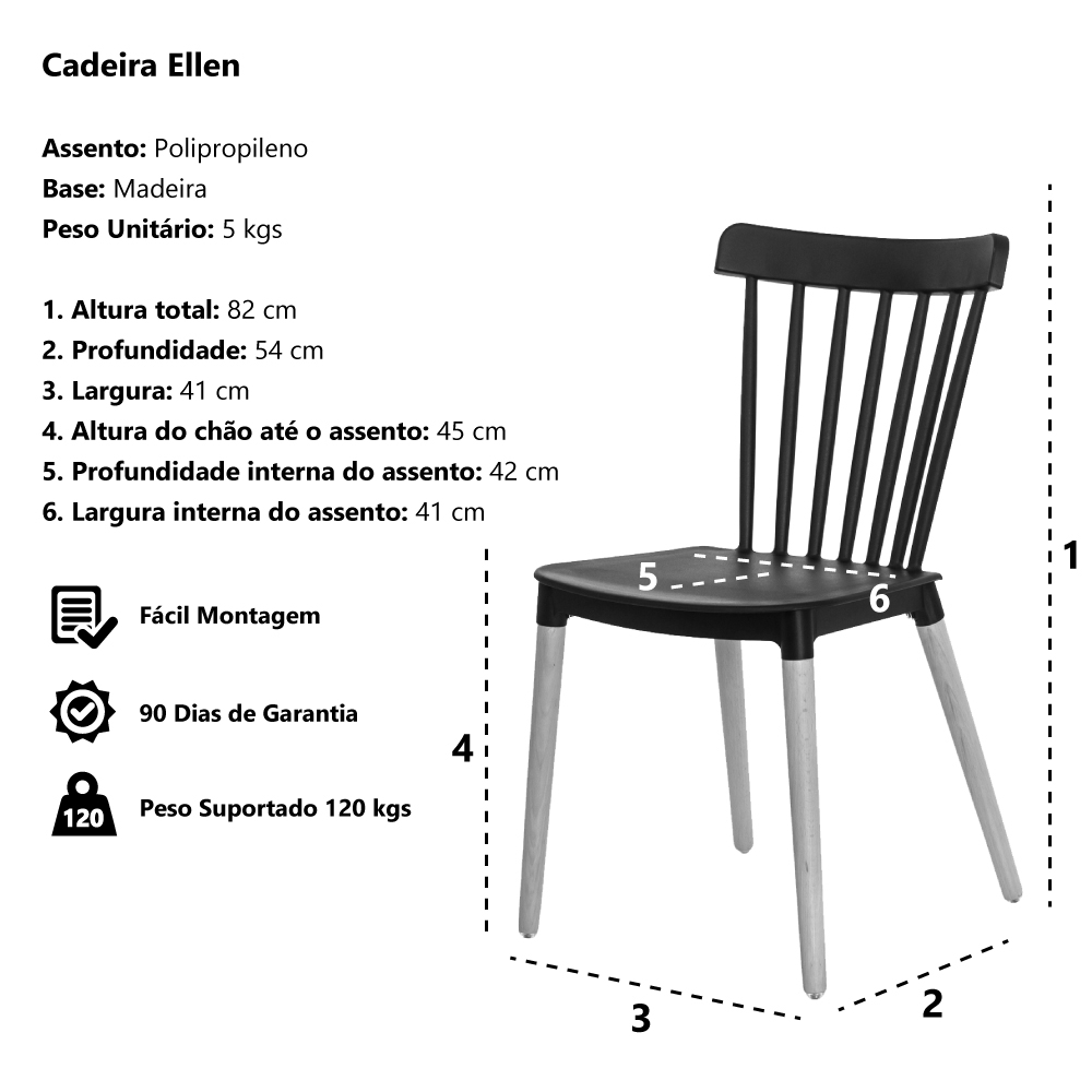 Kit 4 Cadeiras Ellen Windsor Polipropileno Preta Base Madeira Sala Cozinha Jantar