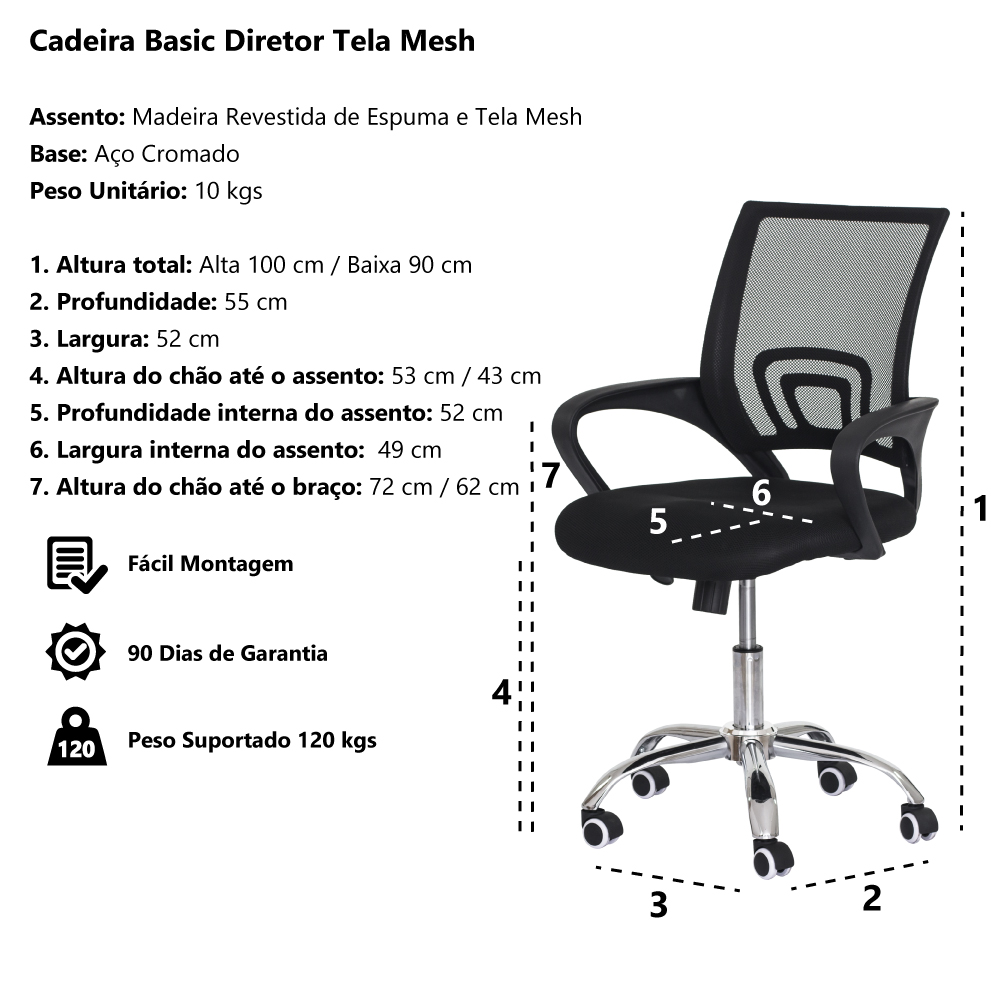 Kit 4 Cadeiras Escritório Basic Diretor Tela Mesh Preta Base Giratória Cromada Altura Ajustável