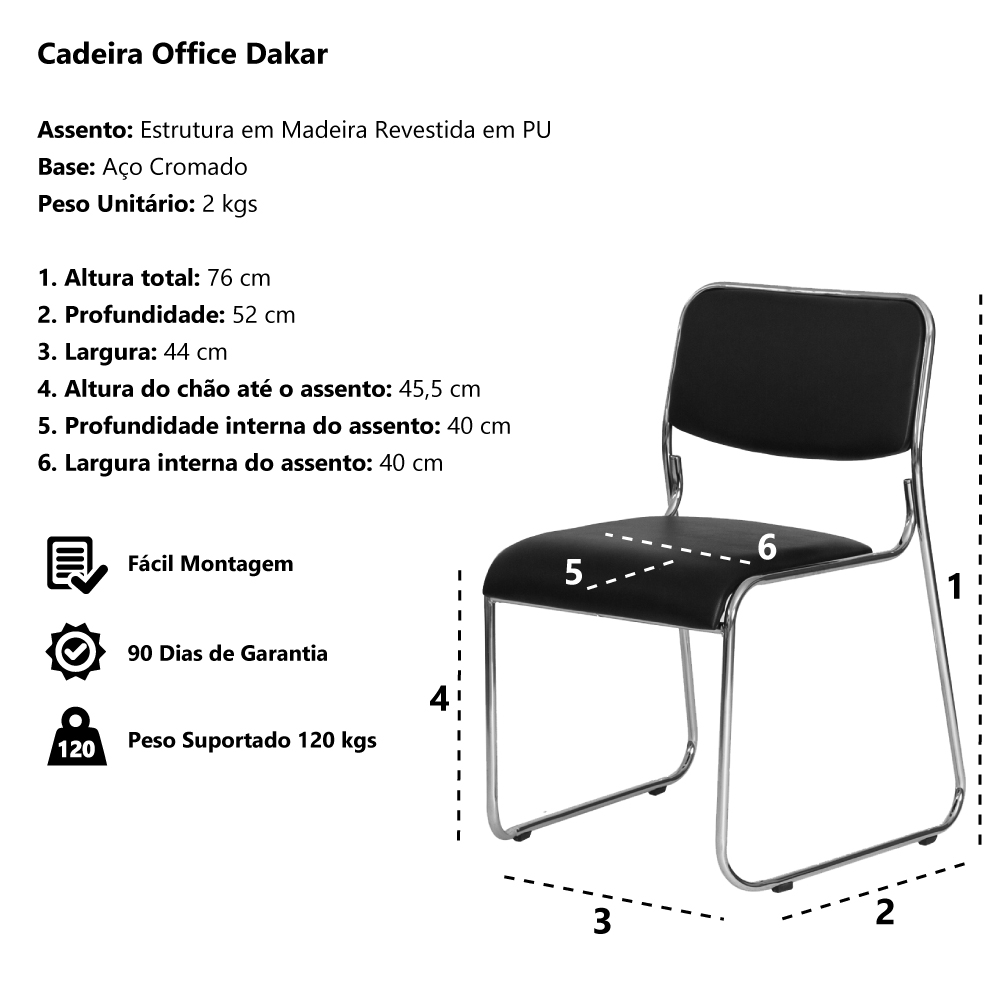 Kit 4 Cadeiras Escritório Interlocutor Dakar Preta Base Fixa Cromada