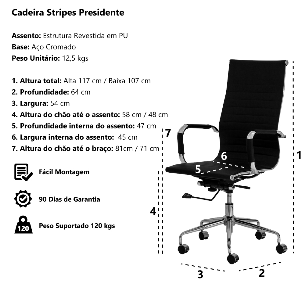 Kit Cadeira de Escritório Presidente Stripes + 2 Cadeiras Interlocutor Fixa Cinza Office Waw Design