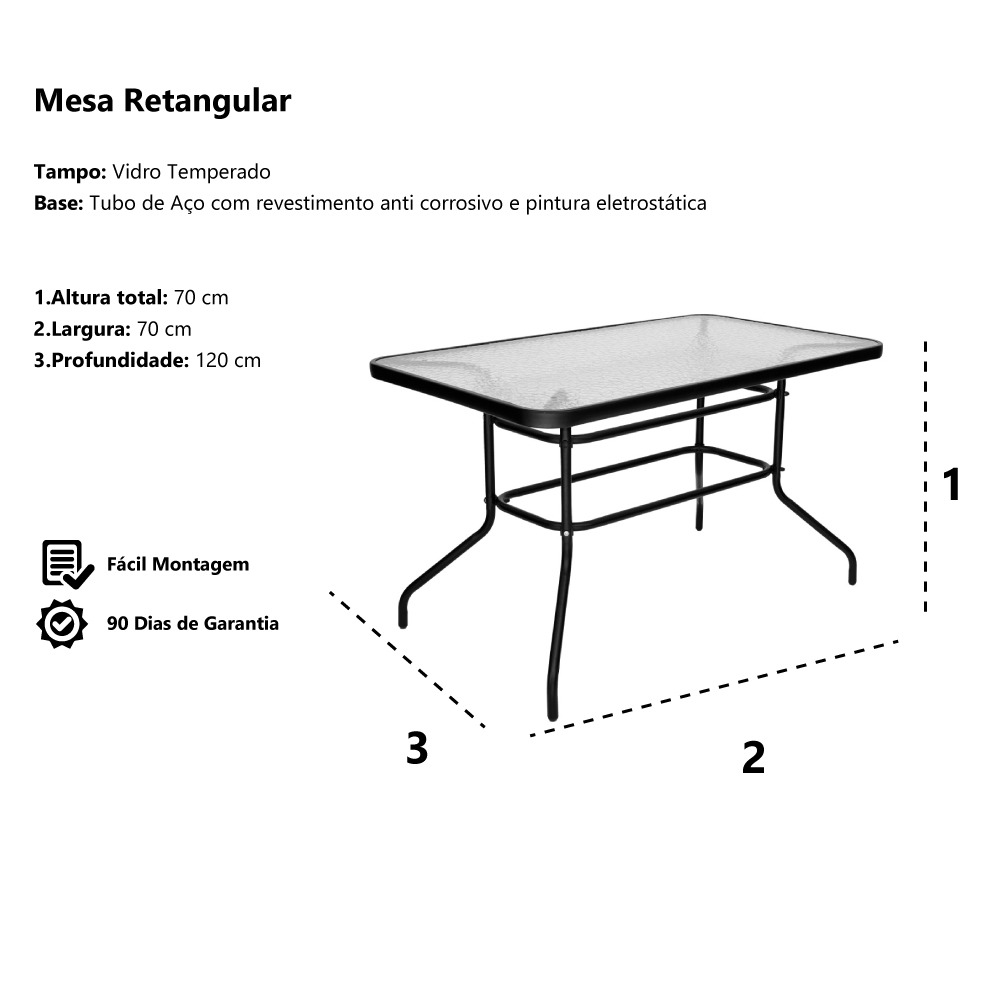 Mesa Retangular em Aço com Tampo de Vidro para Jardim e Áreas Externas 120x70x70 - Waw Design