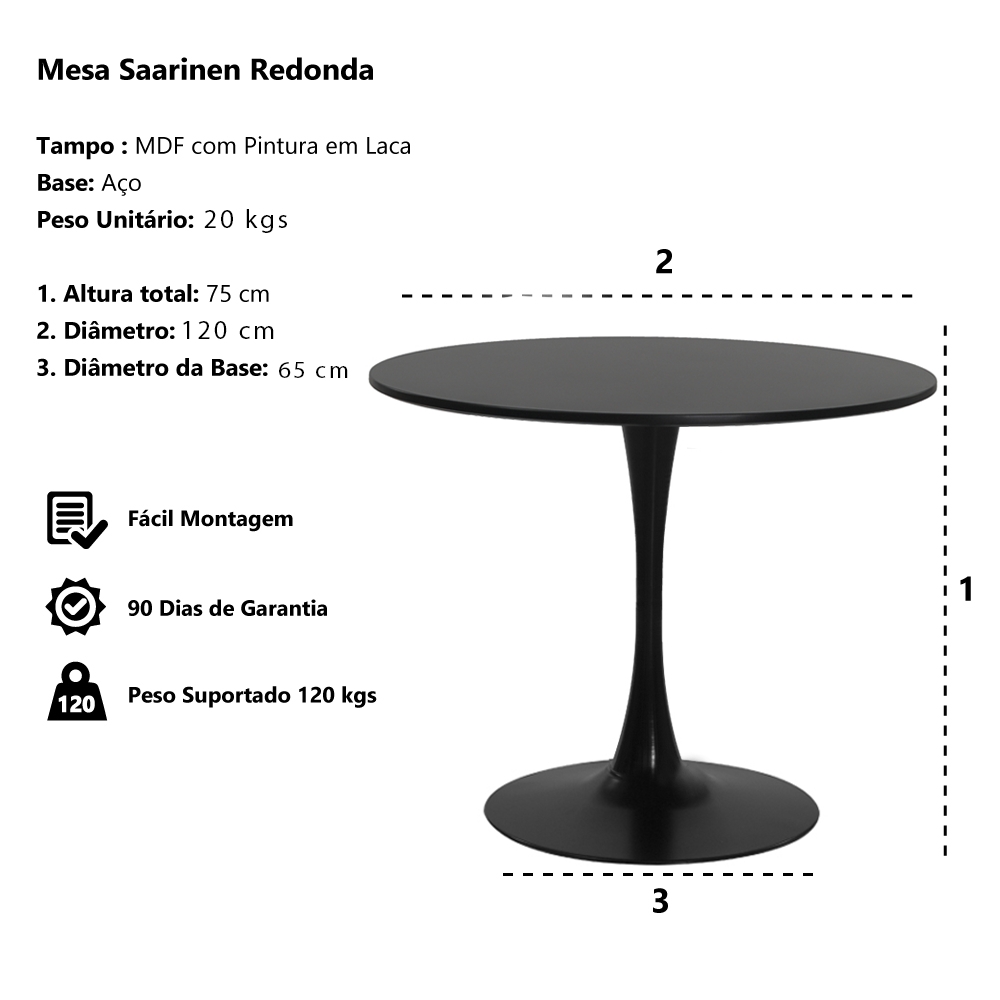 Mesa Saarinen Tulipa Redonda 120cm Tampo Madeira Branca Sala Cozinha Jantar