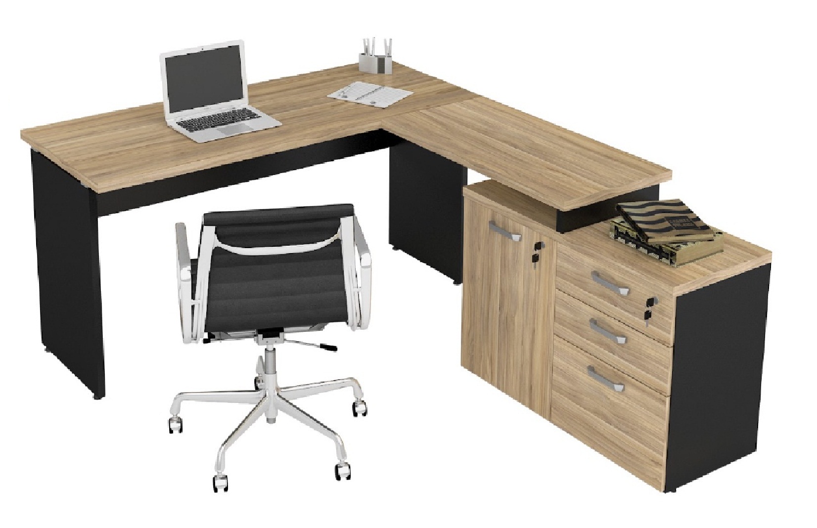 Mesa Diretor 1,50 + Balcão 1 porta, 3 Gavetas Calvi / Preto
