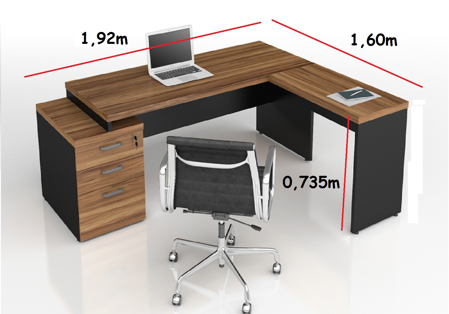Mesa Diretor Web40 1,92x1,60m c/ 03 gav. + Vidro Nogal/Preto