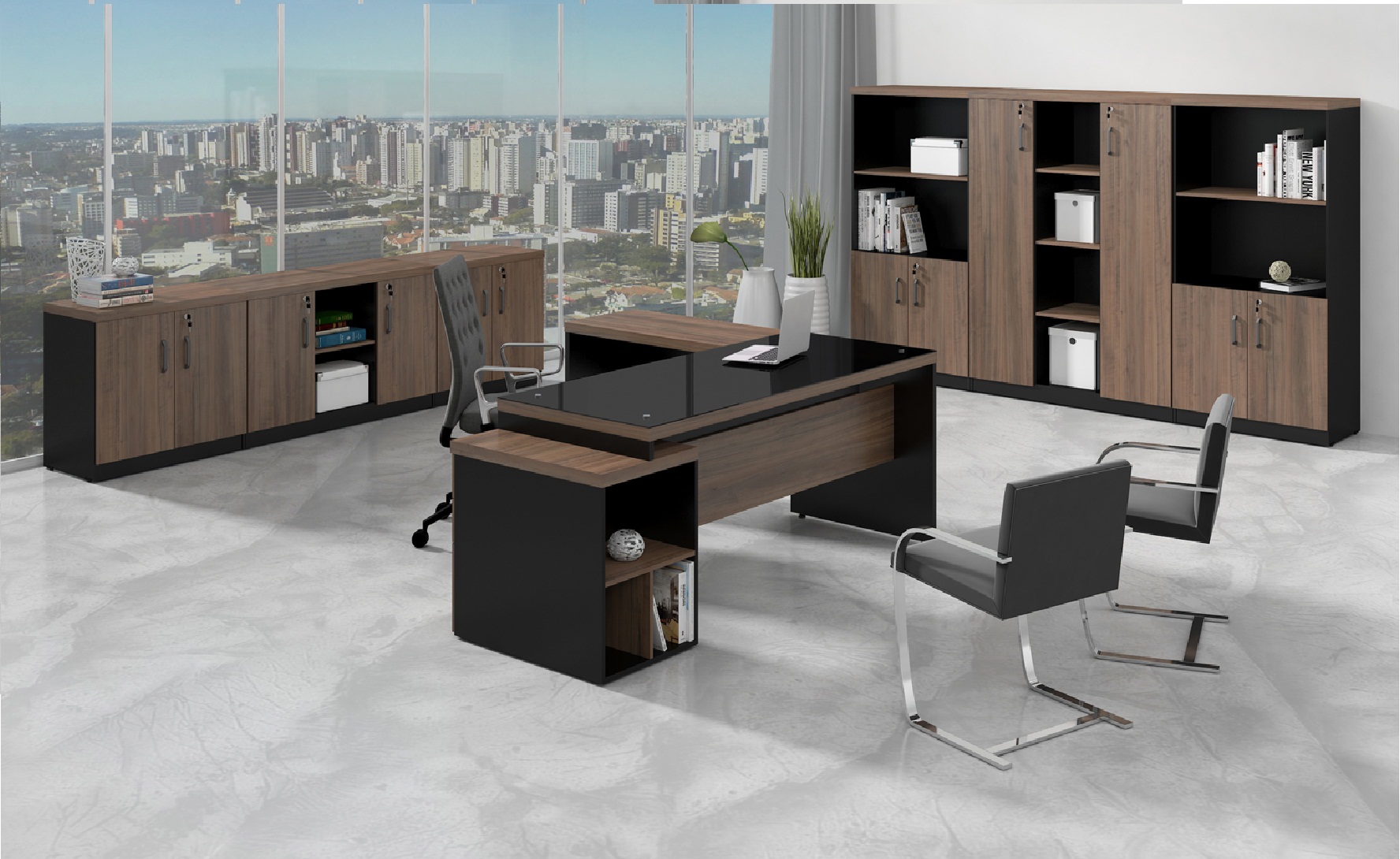 Mesa Diretor Web40 c/ Vidro 1,92 x 1,60 c/3gv - Ameixa/Preto