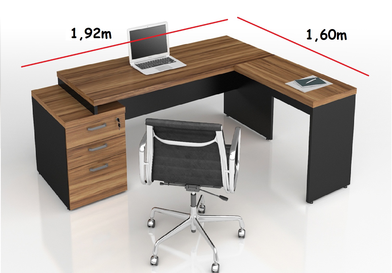 Mesa Escritório Web40 c/ Vidro 1,92 x 1,60m - Nogal / Preto