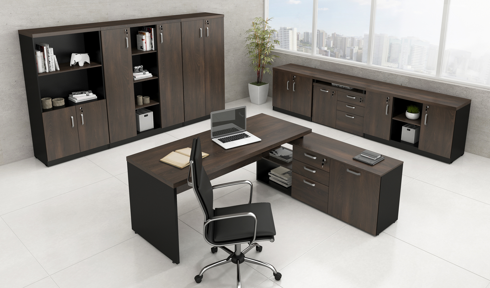 Mesa em L Web40 1,90 X 1,60 40mm com Armário - Marsala/Preto