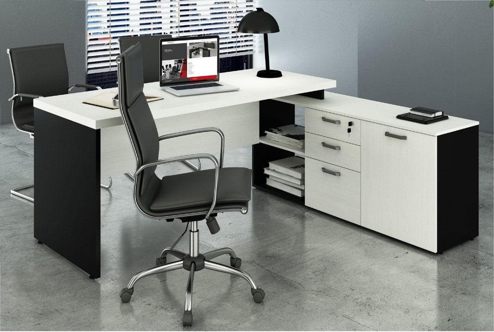 Mesa p/ Escritório em L 1,90m Web40 c/ Armário Branco/Preto