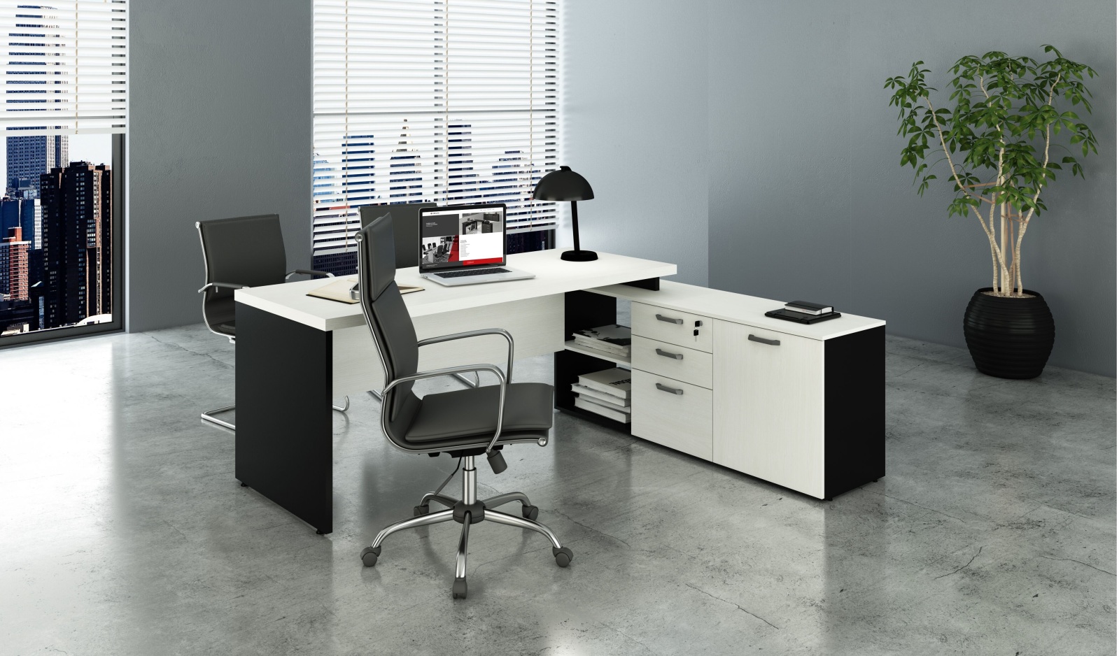 Mesa p/ Escritório em L 1,90m Web40 c/ Armário Branco/Preto