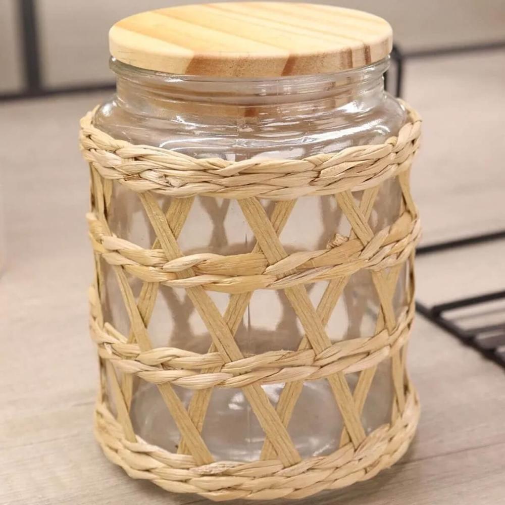 2 Potes Herméticos Vidro com Sisal Tampa Madeira Wolff 750ml