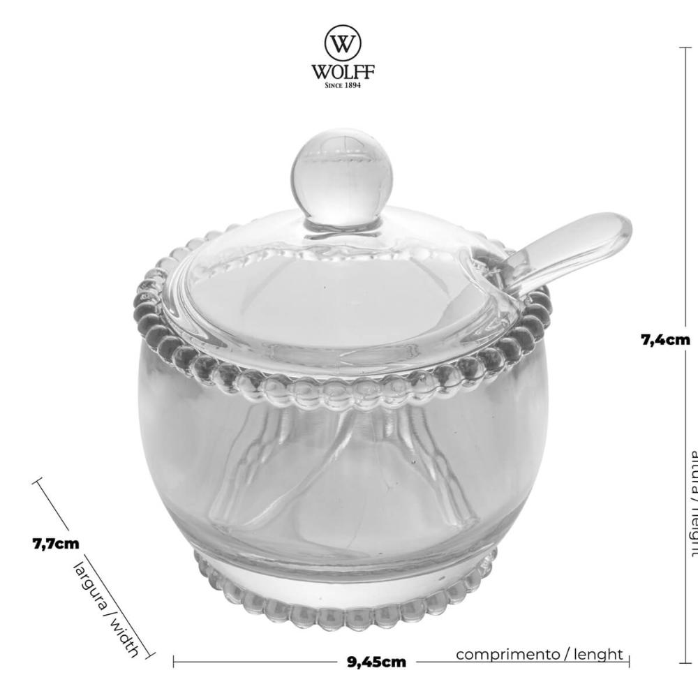 24 Potes para Açúcar 200ml Wolff Vidro Cristal Açucareiros Colher para Servir Restaurantes Hotéis