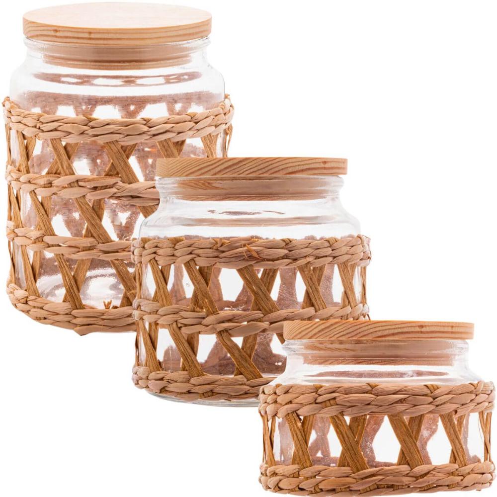 3 Potes Herméticos de Vidro Sisal Wolff 750 520 350ml Temper