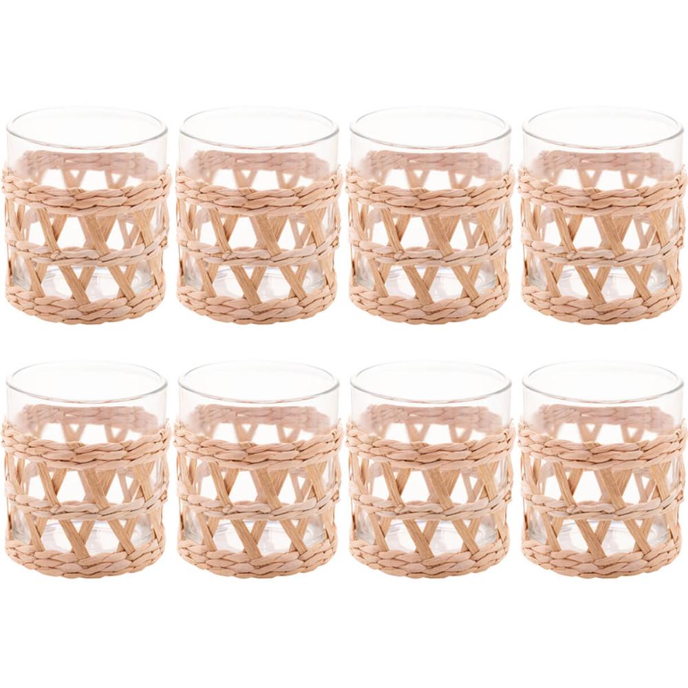 Conjunto 8 Copos Baixos de Vidro Wolff com Sisal 320ml Decorados Fibra Natural Rústicos