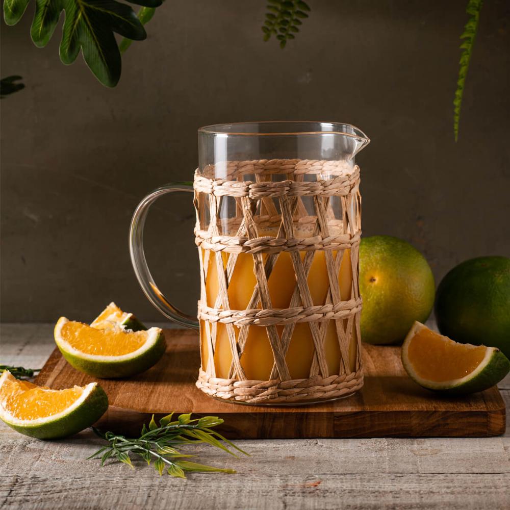 Jarra de Vidro Wolff 1L Fibra Natural e Alça Água Suco Drinks Pequena Decorada Mesa
