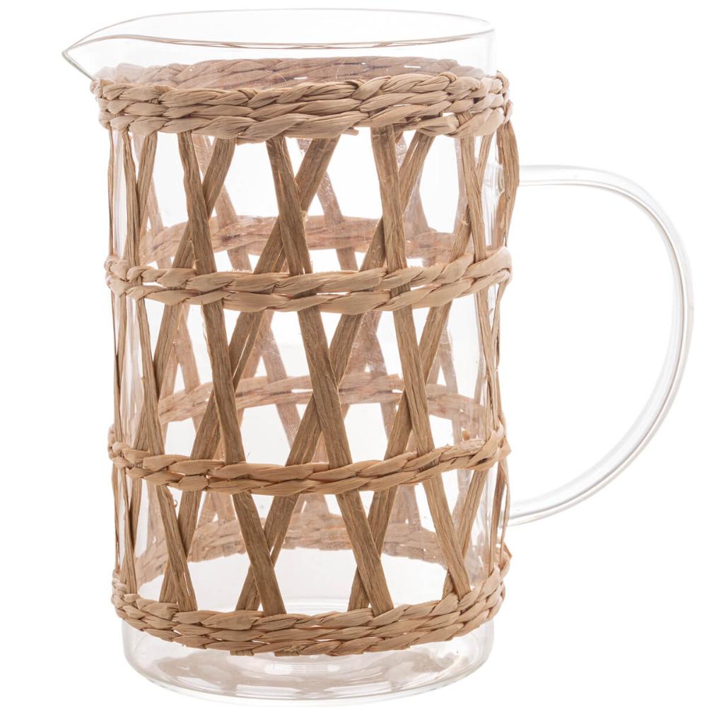Jarra de Vidro Wolff 1L Fibra Natural e Alça Água Suco Drinks Pequena Decorada Mesa