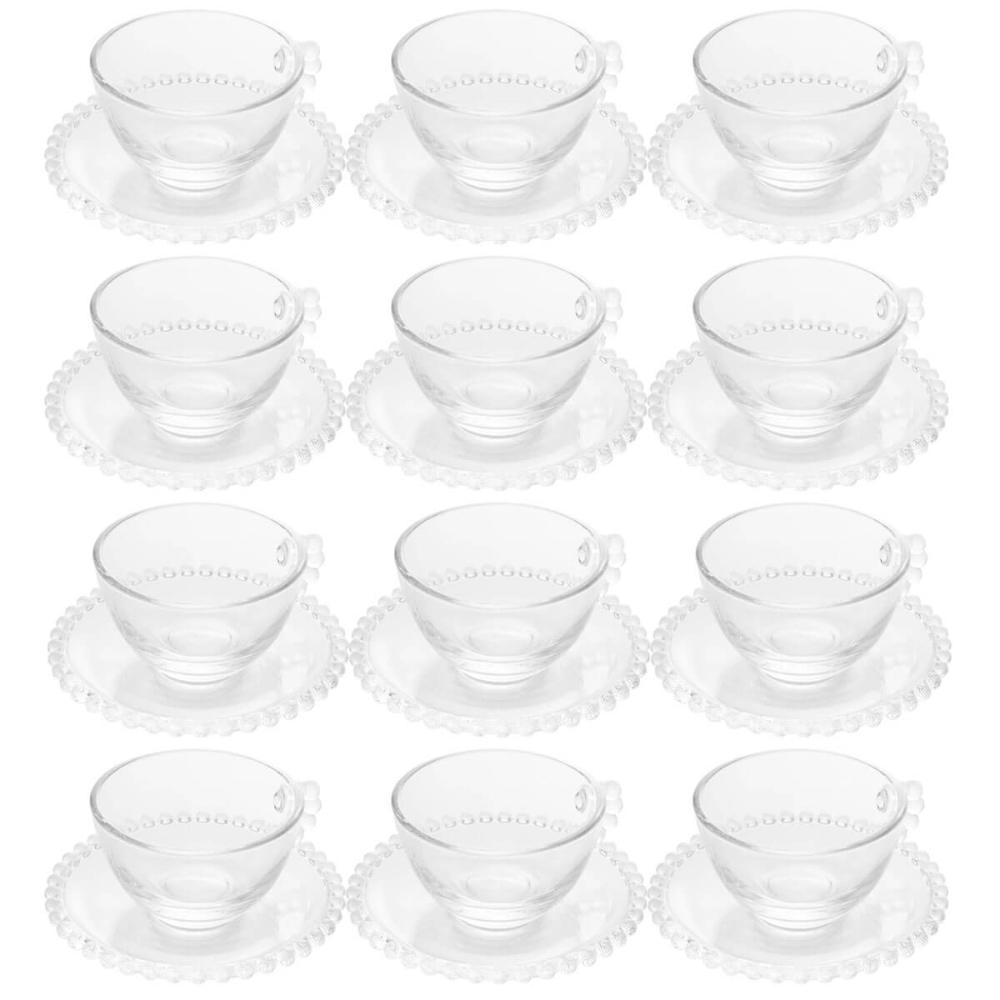 Jogo 12 Xícaras Cristal com Pires 180ml Café Chá Wolff Pearl Incolor Mesa Posta