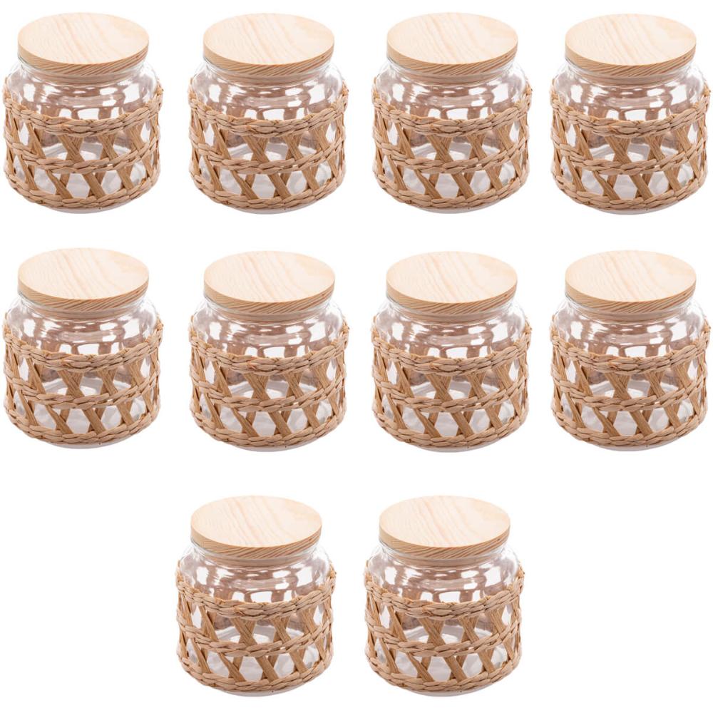 Kit 10 Potes Herméticos de Vidro 520ml Sisal Tampa Madeira Porta Mantimentos Wolff 