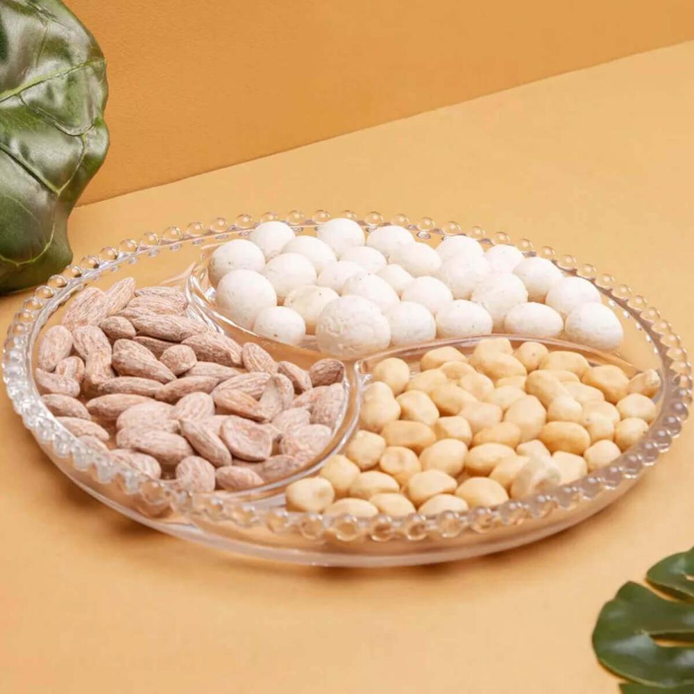 Kit 2 Petisqueiras de Cristal 3 Divisórias 23cm Wolff Pearl Doces Aperitivos Mesa Posta