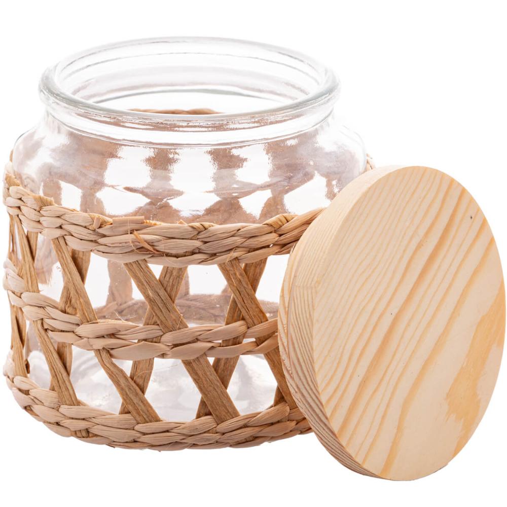 Kit 2 Potes Herméticos de Vidro 520ml Sisal Tampa Madeira Po
