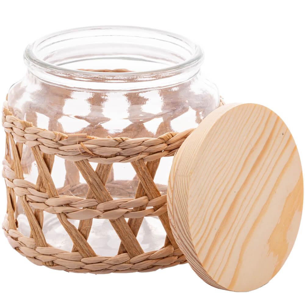 Kit 4 Potes Herméticos de Vidro 520ml Sisal Tampa Madeira Po