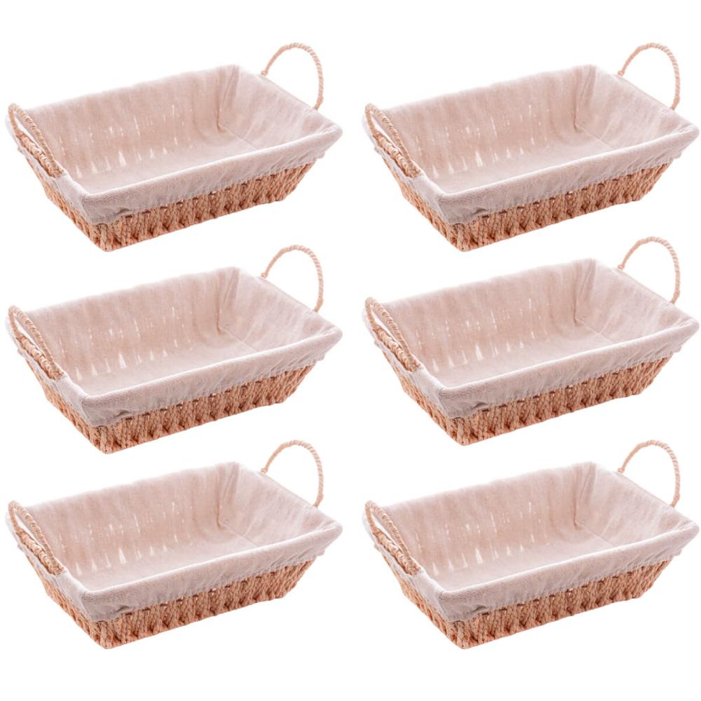 Kit 6 Cestas Porta Pão Servir 29x19cm Retangulares de Papel Forro em Tecido Alça Wolff Bege Decoração