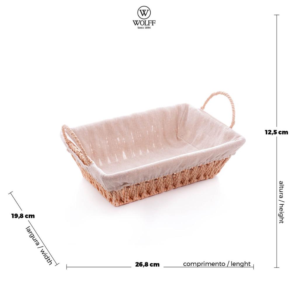 Kit 6 Cestas Porta Pão Servir 29x19cm Retangulares de Papel Forro em Tecido Alça Wolff Bege Decoração