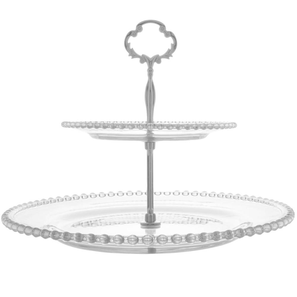 Prato Duplo Wolff Pearl de Cristal 2 Andares Porta Doces 32cm Cupcake Petiscos Incolor