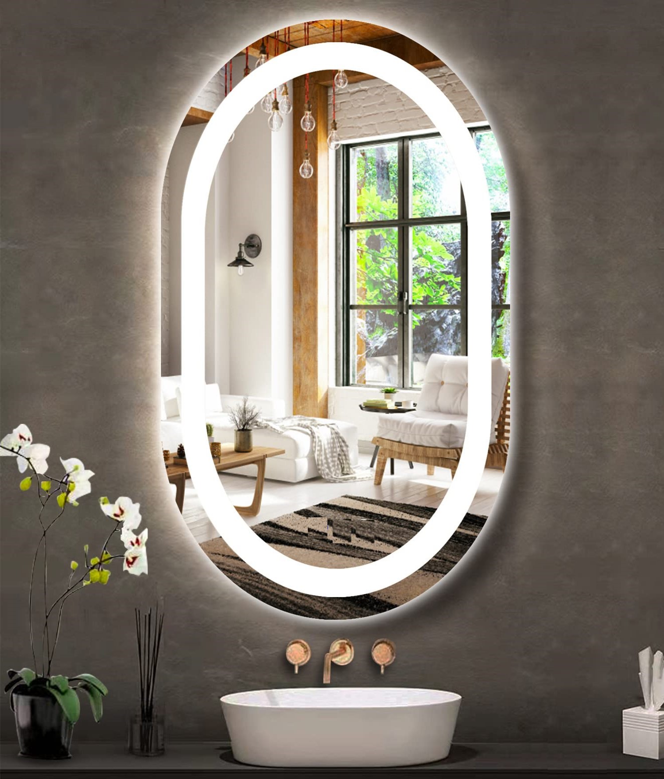 Espelho jateado Oval Iluminado com led frio - 50x120cm