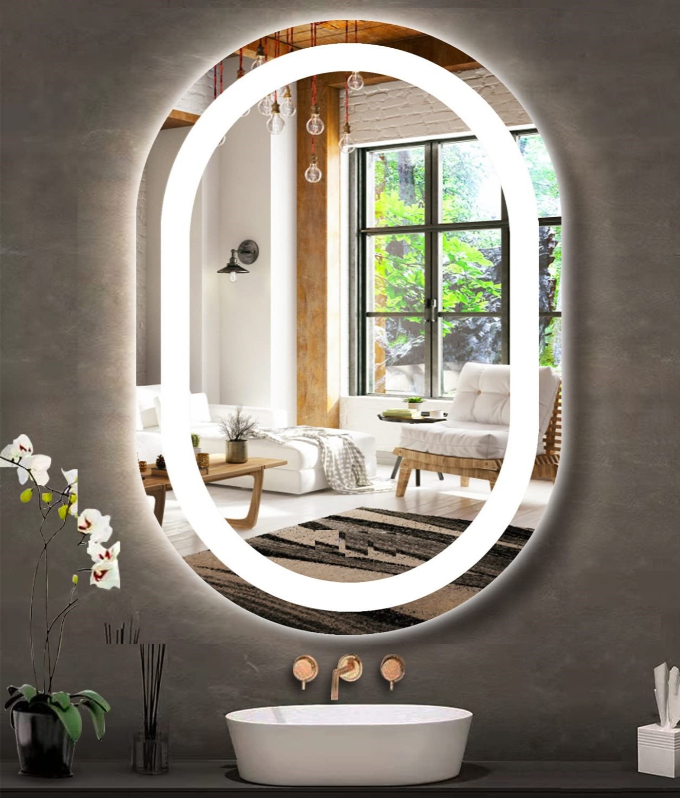 Espelho jateado Oval Iluminado com led frio - 60x80cm