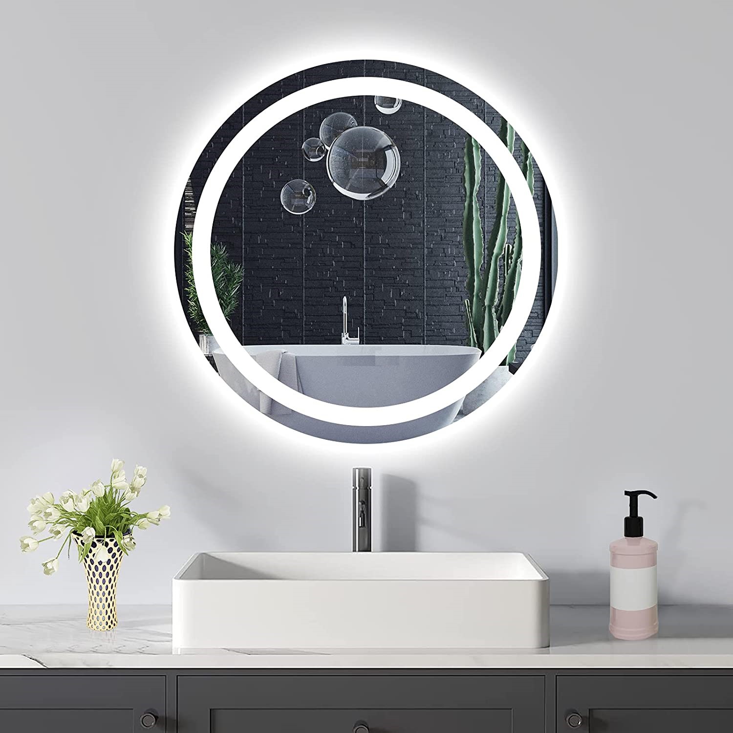 Espelho redondo jateado iluminado com led frio frontal 70cm