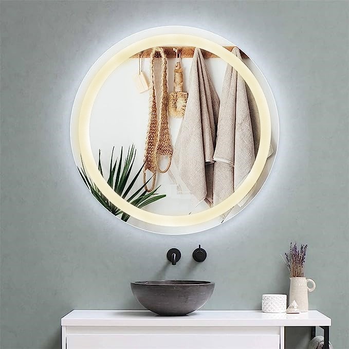 Espelho redondo jateado iluminado com led quente frontal 70cm