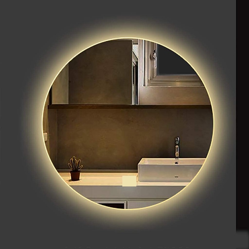 Espelho redondo lapidado bisotê iluminado com LED quente 70cm