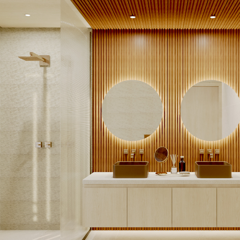 Painel Ripado Cor: Nogueira de uso Interno em WPC Double 2,90m x 18cm (0,522m²)