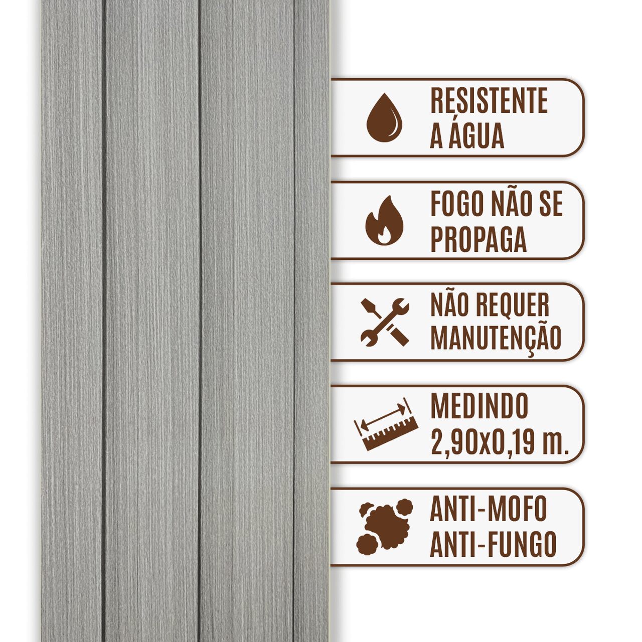 Painel Ripado Wpc Interno Wide Cor: Cinza Médio 2,90m x 19cm (0,55m²)
