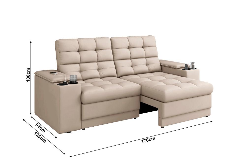 Sofá Confort Premium 1,70m Assento Retrátil/Reclinável porta copos e USB Suede Areia - XFlex Sofas