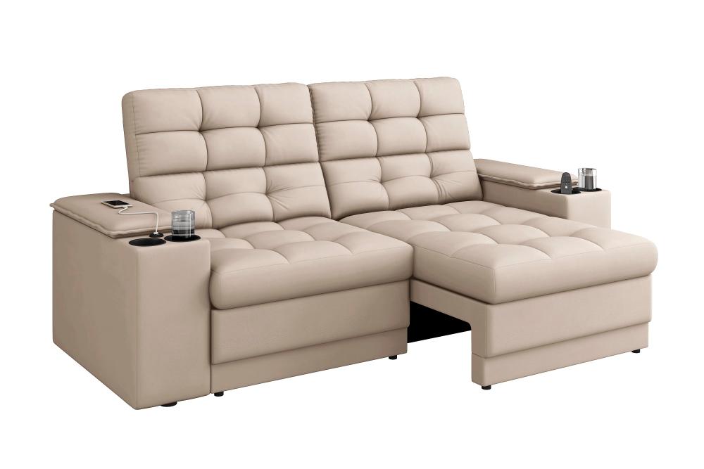 Sofá Confort Premium 1,70m Assento Retrátil/Reclinável porta copos e USB Suede Areia - XFlex Sofas