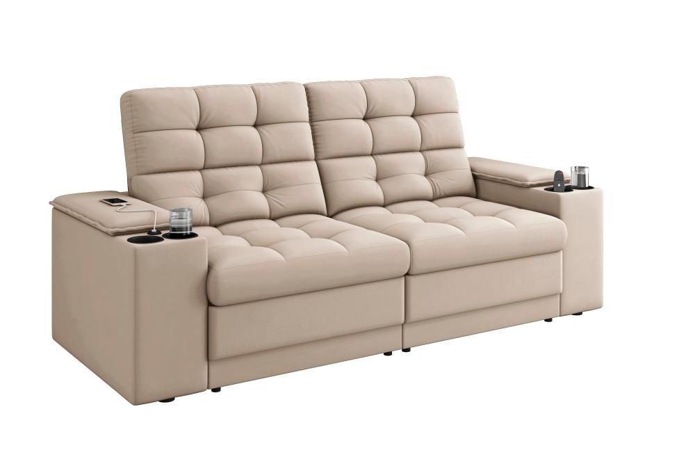 Sofá Confort Premium 1,70m Assento Retrátil/Reclinável porta copos e USB Suede Areia - XFlex Sofas