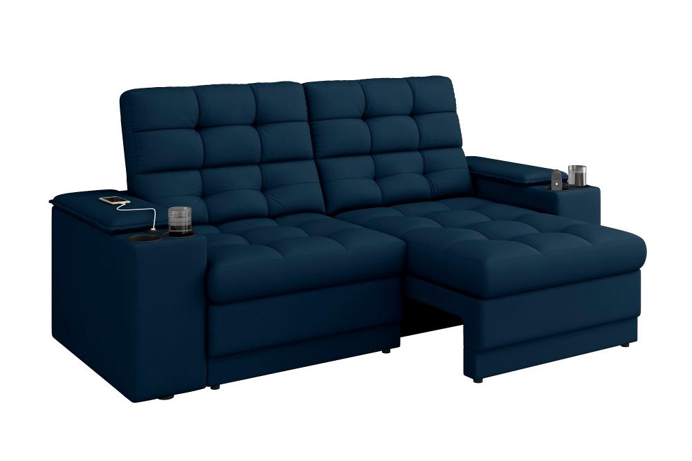 Sofá Confort Premium 1,70m Assento Retrátil/Reclinável porta copos e USB Suede Azul - XFlex Sofas